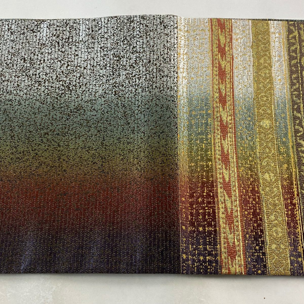 袋帶 美品 秀品級 條紋 菱形 金絲 金金箔 灰綠 六通 純蠶絲