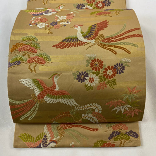 袋帶 秀品級 尾長鳥 松樹竹子梅花 唐織 金糸 薄茶 深藍 六通 純蠶絲