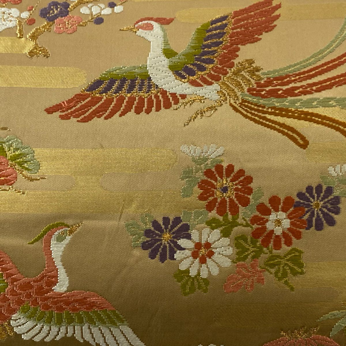 袋帶 秀品級 尾長鳥 松樹竹子梅花 唐織 金糸 薄茶 深藍 六通 純蠶絲