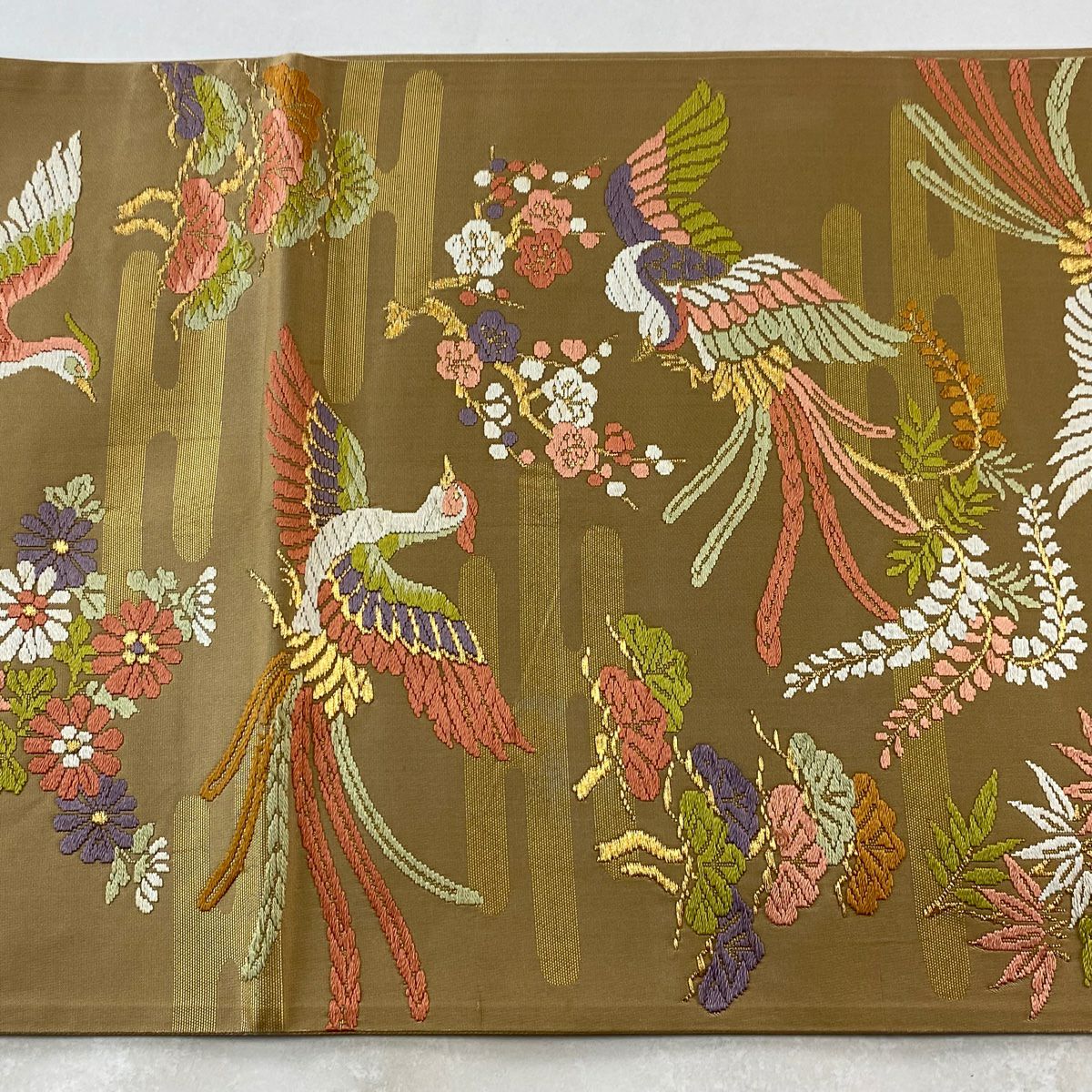 袋帶 秀品級 尾長鳥 松樹竹子梅花 唐織 金糸 薄茶 深藍 六通 純蠶絲