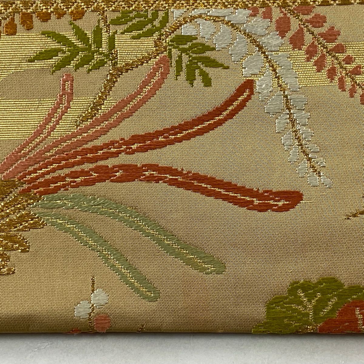 袋帶 秀品級 尾長鳥 松樹竹子梅花 唐織 金糸 薄茶 深藍 六通 純蠶絲