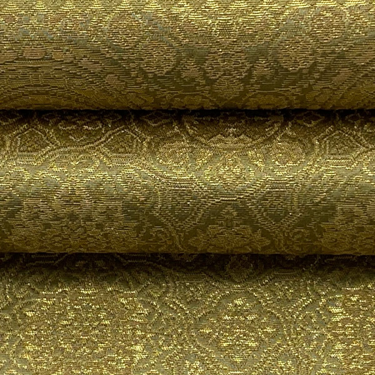 【美品】 袋帶 逸品級 金金箔屋清兵衛 落款あり 共箱付 正倉院天平錦間道 金金箔 鶯色 お太鼓柄 純蠶絲