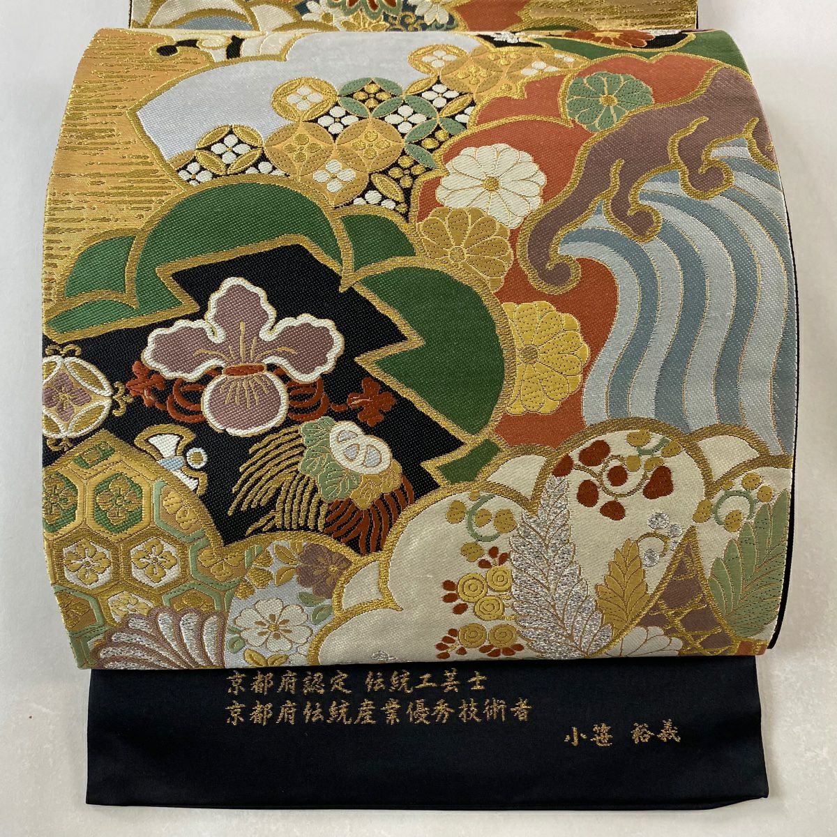 【美品】 袋帶 逸品級 小笹裕義 花 寶盡くし 金絲 金金箔 金色 六通 純蠶絲