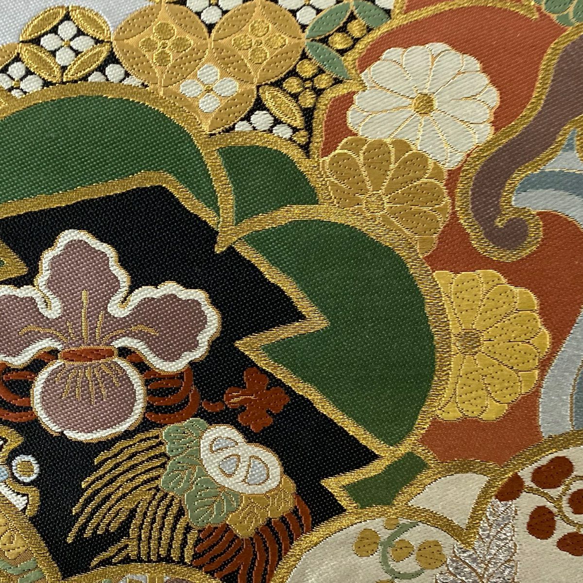 【美品】 袋帶 逸品級 小笹裕義 花 寶盡くし 金絲 金金箔 金色 六通 純蠶絲