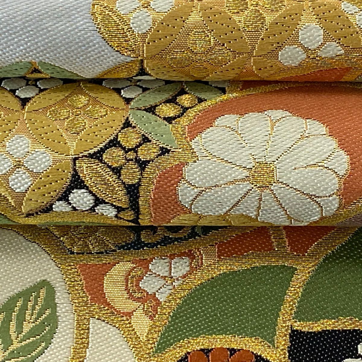 【美品】 袋帶 逸品級 小笹裕義 花 寶盡くし 金絲 金金箔 金色 六通 純蠶絲