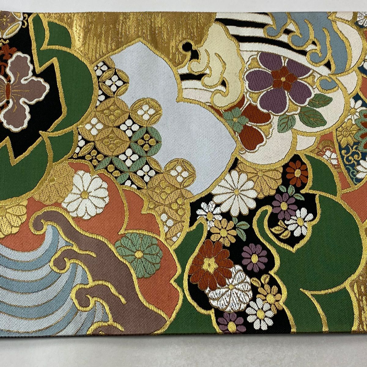 【美品】 袋帶 逸品級 小笹裕義 花 寶盡くし 金絲 金金箔 金色 六通 純蠶絲