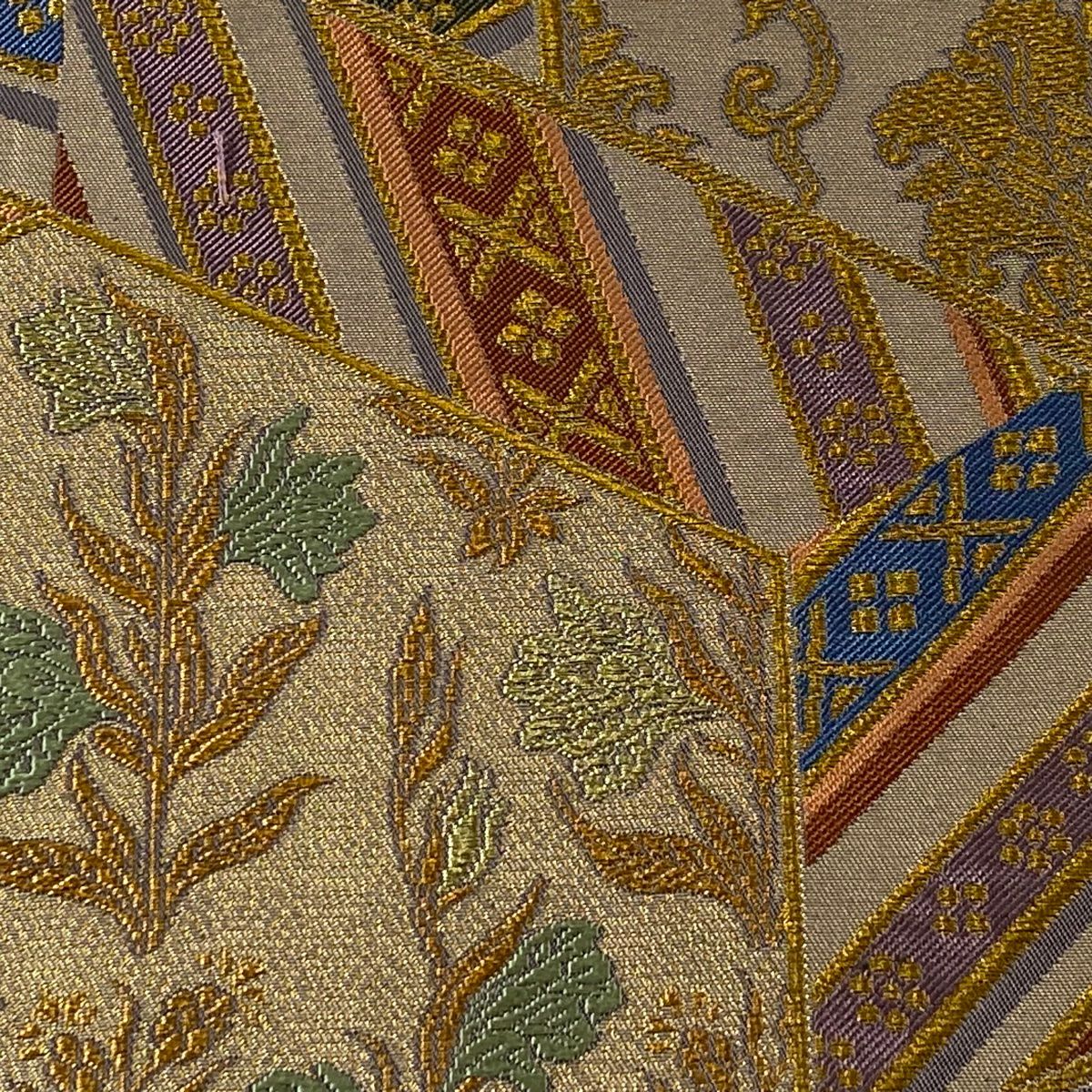 【美品】 袋帶 逸品級 北出與三郎 落款あり 本袋 名物暈繝縁唐花文 金糸 金金箔 灰紫 六通 純蠶絲
