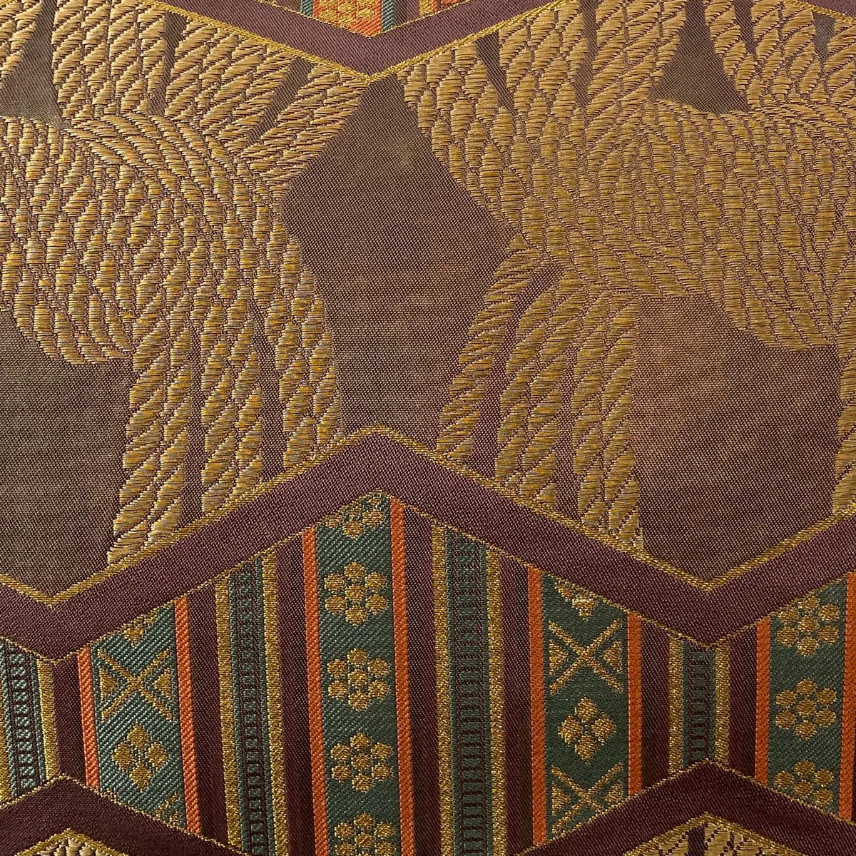 【美品】 袋帶 逸品級 北出與三郎 落款あり 吉祥縄紋錦 本袋 関西裁縫 縞 菱 金糸 金金箔 小豆 深紅 六通 純蠶絲