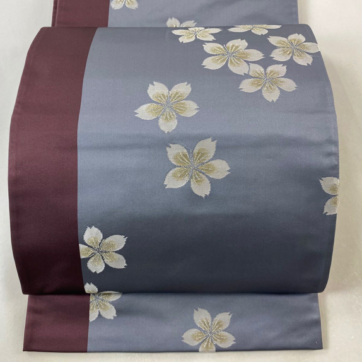 【美品】 袋帶 逸品級 辻村ジュサブロー 落款あり 櫻花 銀線 灰紫 六通 純蠶絲