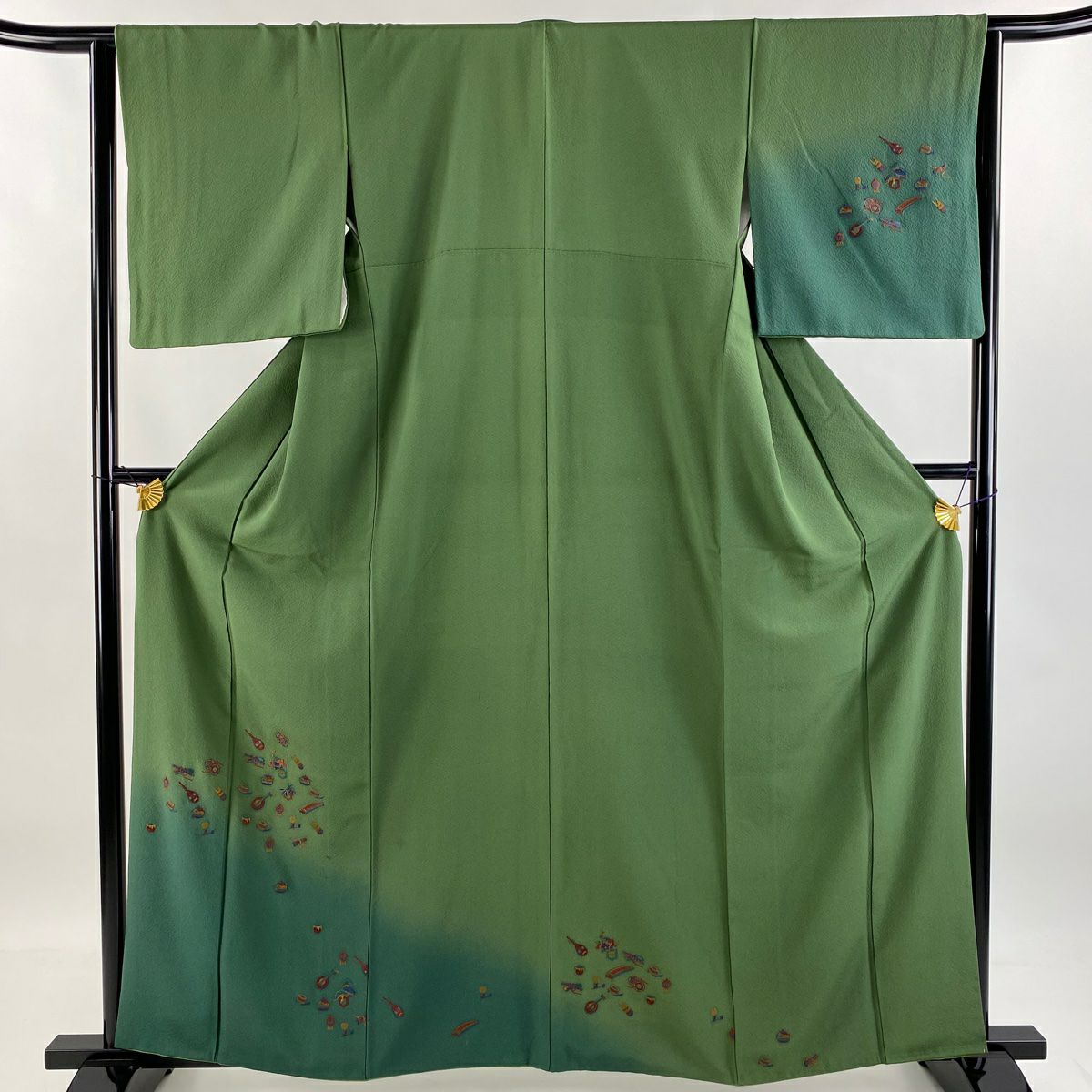 付下 身長160.5cm 袖長64.5cm M 雙層 和樂器 刺繡 金絲 蓬萊綠 純蠶絲 秀品級