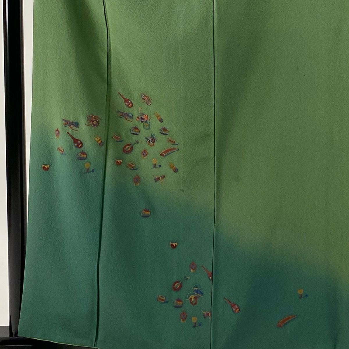 付下 身長160.5cm 袖長64.5cm M 雙層 和樂器 刺繡 金絲 蓬萊綠 純蠶絲 秀品級