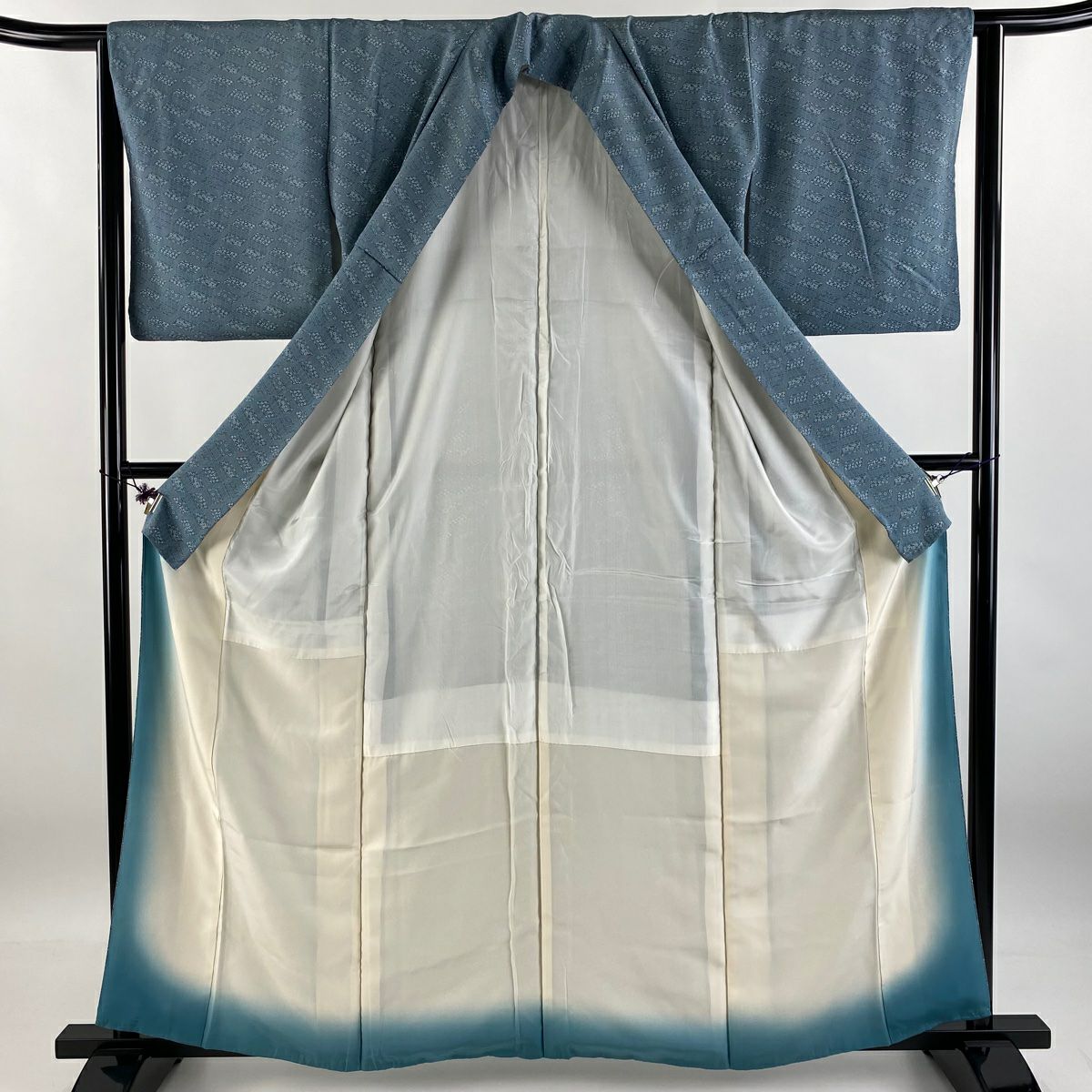 小紋 身長160.5cm 袖長63cm S 雙層 菊花唐草紋 幾何學 灰綠 純蠶絲 秀品級