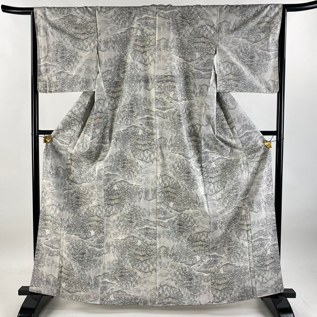 【美品】 紬織 身長164cm 袖長64.5cm M 雙層 建物 樹木 灰白 純蠶絲 秀品級
