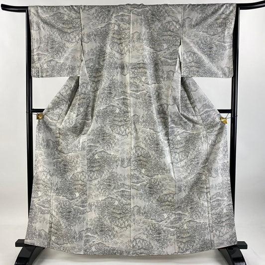 【美品】 紬織 身長164cm 袖長64.5cm M 雙層 建物 樹木 灰白 純蠶絲 秀品級