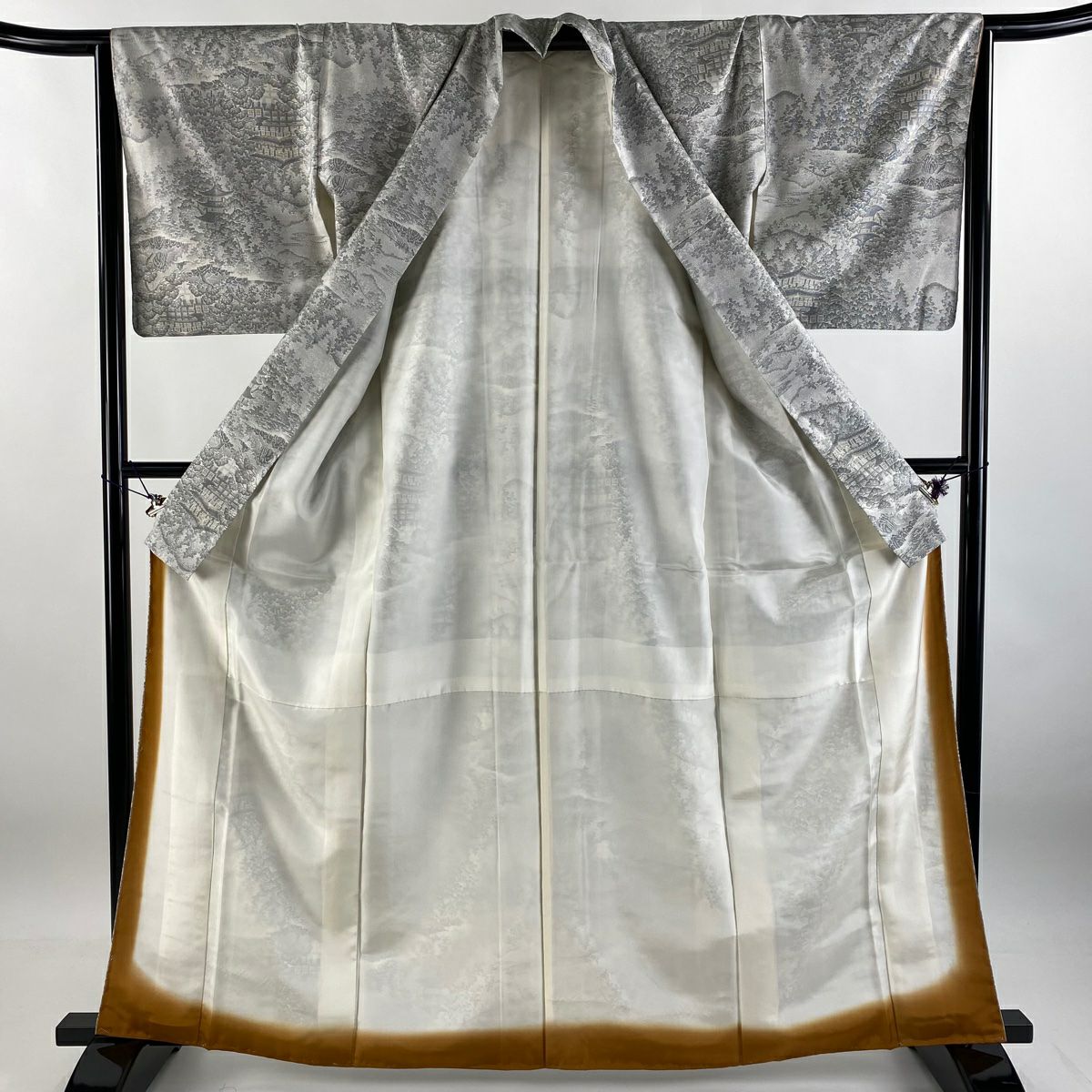 【美品】 紬織 身長164cm 袖長64.5cm M 雙層 建物 樹木 灰白 純蠶絲 秀品級