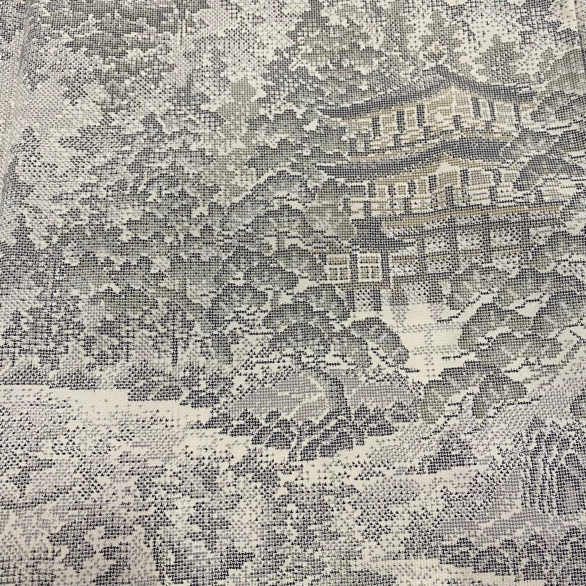 【美品】 紬織 身長164cm 袖長64.5cm M 雙層 建物 樹木 灰白 純蠶絲 秀品級