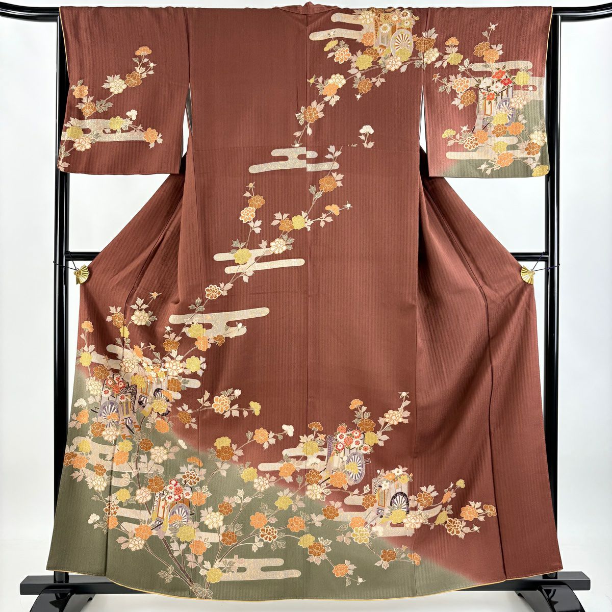 訪問服 身長160.5cm 袖長64.5cm M 雙層 御所車 草花紋 金銀彩 金糸 茶 純蠶絲 秀品級