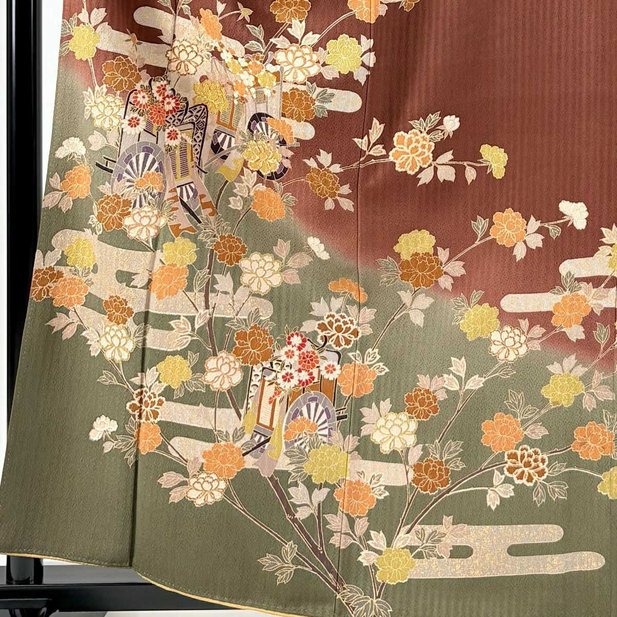 訪問服 身長160.5cm 袖長64.5cm M 雙層 御所車 草花紋 金銀彩 金糸 茶 純蠶絲 秀品級