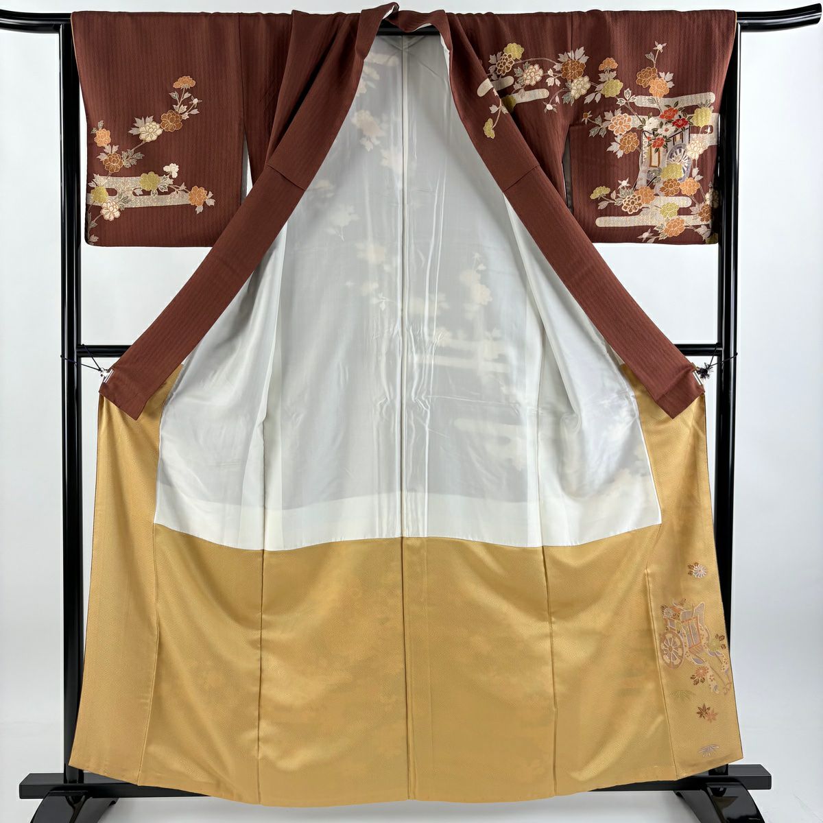 訪問服 身長160.5cm 袖長64.5cm M 雙層 御所車 草花紋 金銀彩 金糸 茶 純蠶絲 秀品級