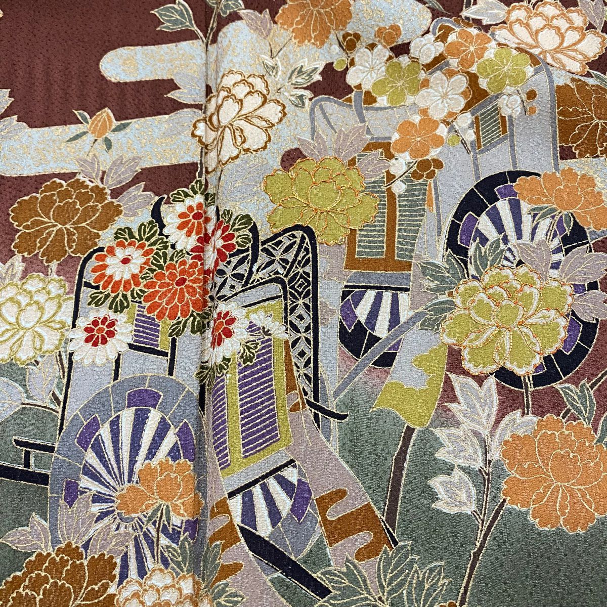 訪問服 身長160.5cm 袖長64.5cm M 雙層 御所車 草花紋 金銀彩 金糸 茶 純蠶絲 秀品級