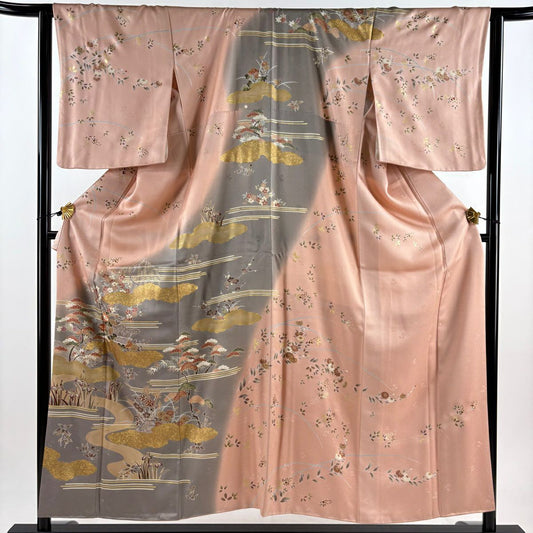 訪問服 身長155cm 袖長62.5cm S 雙層 四季草花紋 雲文 金絲 金銀彩 粉紅 純蠶絲 秀品級 一つ紋