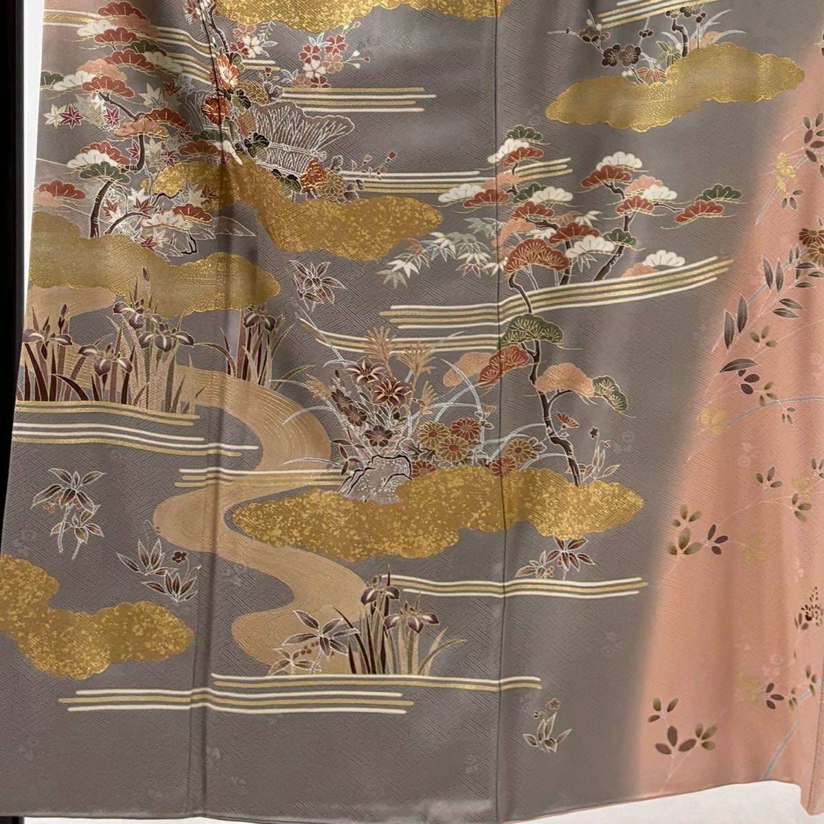 訪問服 身長155cm 袖長62.5cm S 雙層 四季草花紋 雲文 金絲 金銀彩 粉紅 純蠶絲 秀品級 一つ紋