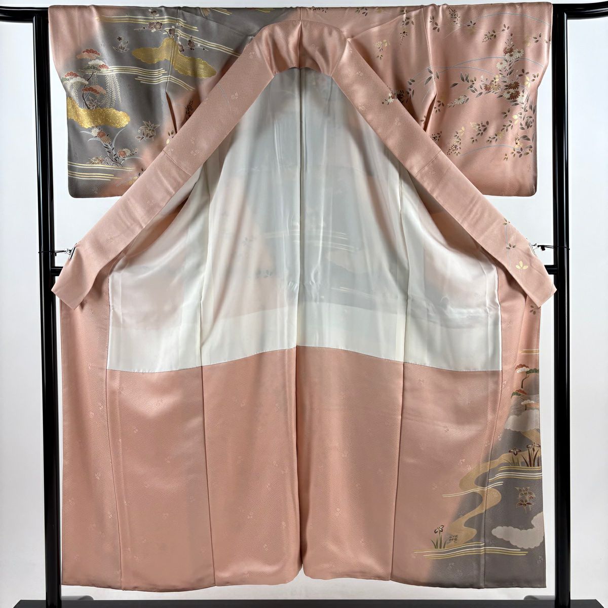 訪問服 身長155cm 袖長62.5cm S 雙層 四季草花紋 雲文 金絲 金銀彩 粉紅 純蠶絲 秀品級 一つ紋