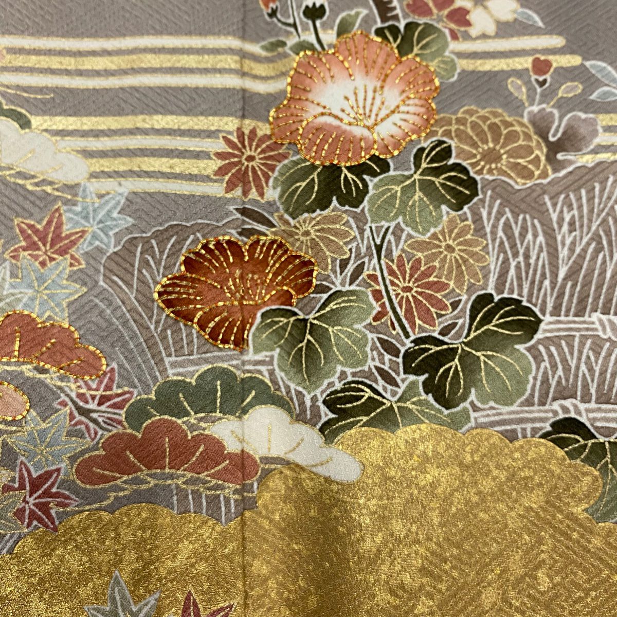 訪問服 身長155cm 袖長62.5cm S 雙層 四季草花紋 雲文 金絲 金銀彩 粉紅 純蠶絲 秀品級 一つ紋