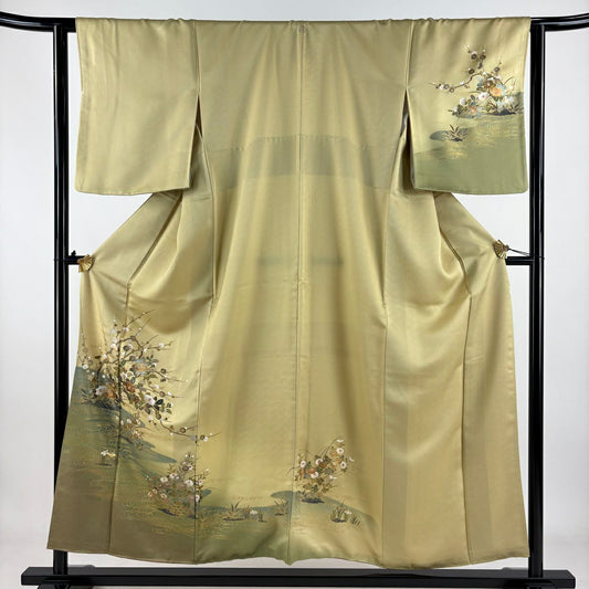 訪問服 身長154.5cm 袖長64cm M 雙層 椿 流水 金彩裝飾 拉麵 淡黃土色 純蠶絲 優品級 一つ紋