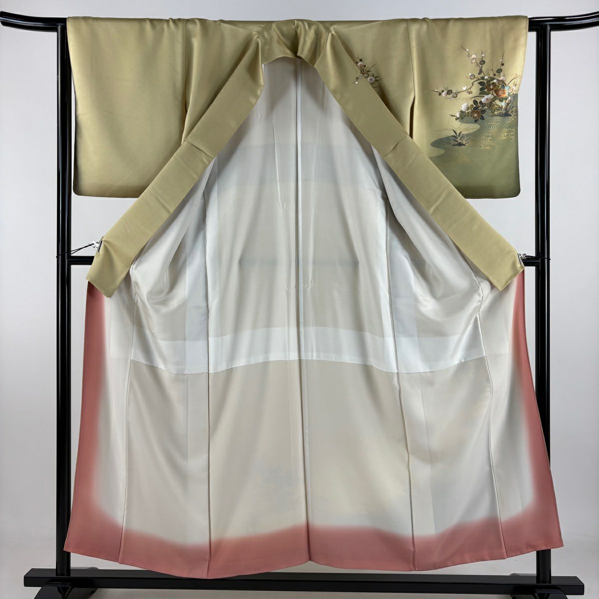 訪問服 身長154.5cm 袖長64cm M 雙層 椿 流水 金彩裝飾 拉麵 淡黃土色 純蠶絲 優品級 一つ紋