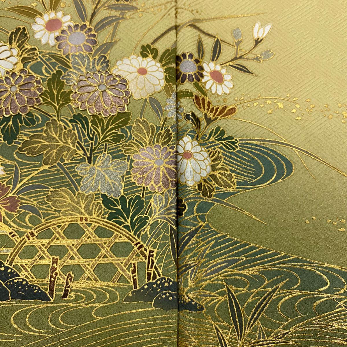 訪問服 身長154.5cm 袖長64cm M 雙層 椿 流水 金彩裝飾 拉麵 淡黃土色 純蠶絲 優品級 一つ紋