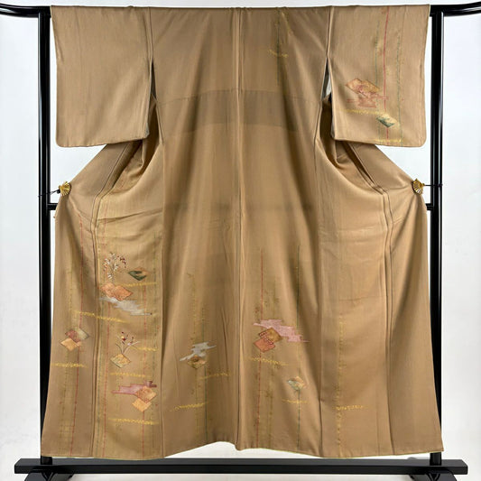 訪問服 身長152cm 袖長63.5cm S 雙層 菱 葉與果實 刺繡 金彩裝飾 淺茶 純蠶絲 優品級
