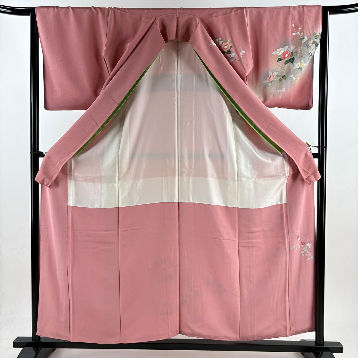 訪問服 身長158cm 袖長65cm M 雙層 椿 菊花 金銀彩 漸層 粉色 純蠶絲 優品級