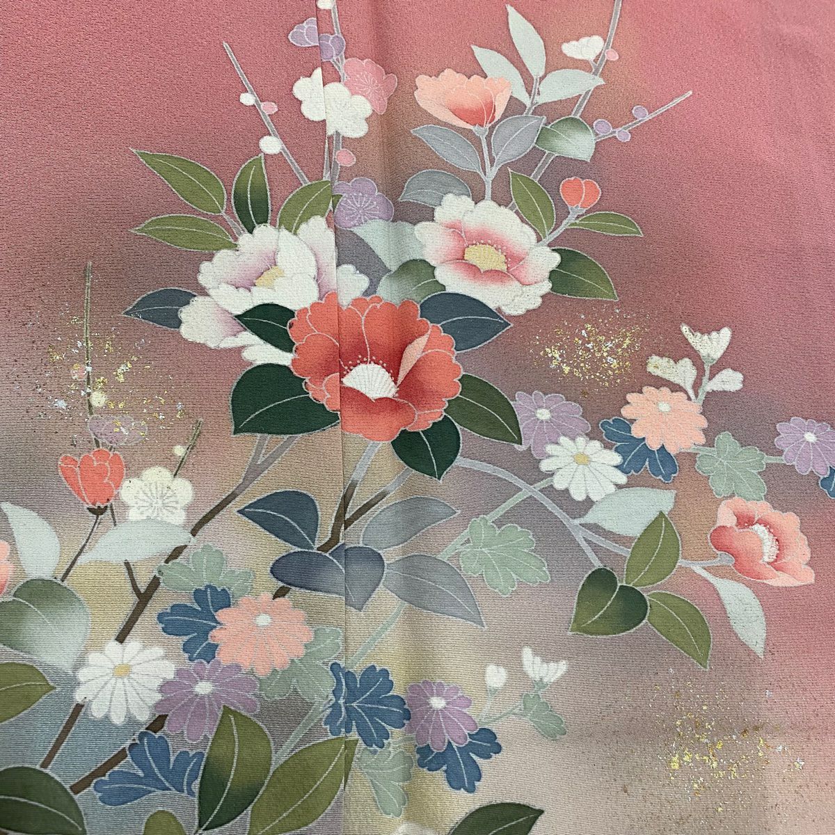 訪問服 身長158cm 袖長65cm M 雙層 椿 菊花 金銀彩 漸層 粉色 純蠶絲 優品級