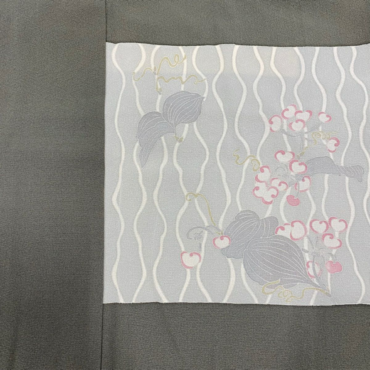 付下 身長158cm 袖長65cm M 雙層 落款 草花紋紋 斜紋 灰茶 純蠶絲 優品級