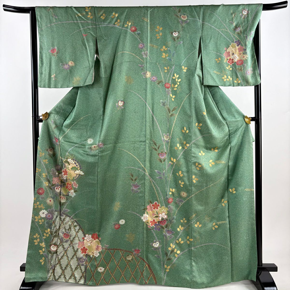 訪問服 身長165cm 袖長65.5cm M 雙層 花丸紋 光悅垣 金銀彩 淺綠 純蠶絲 優品級