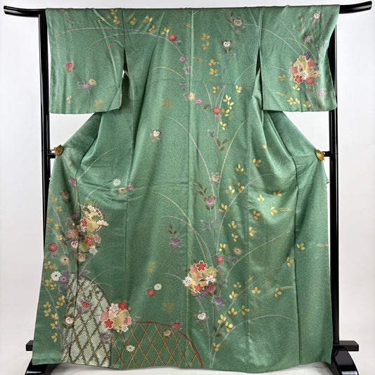 訪問服 身長165cm 袖長65.5cm M 雙層 花丸紋 光悅垣 金銀彩 淺綠 純蠶絲 優品級