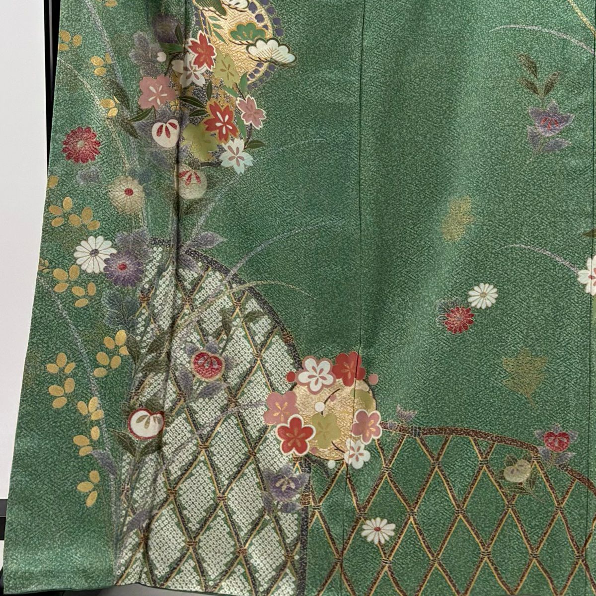 訪問服 身長165cm 袖長65.5cm M 雙層 花丸紋 光悅垣 金銀彩 淺綠 純蠶絲 優品級