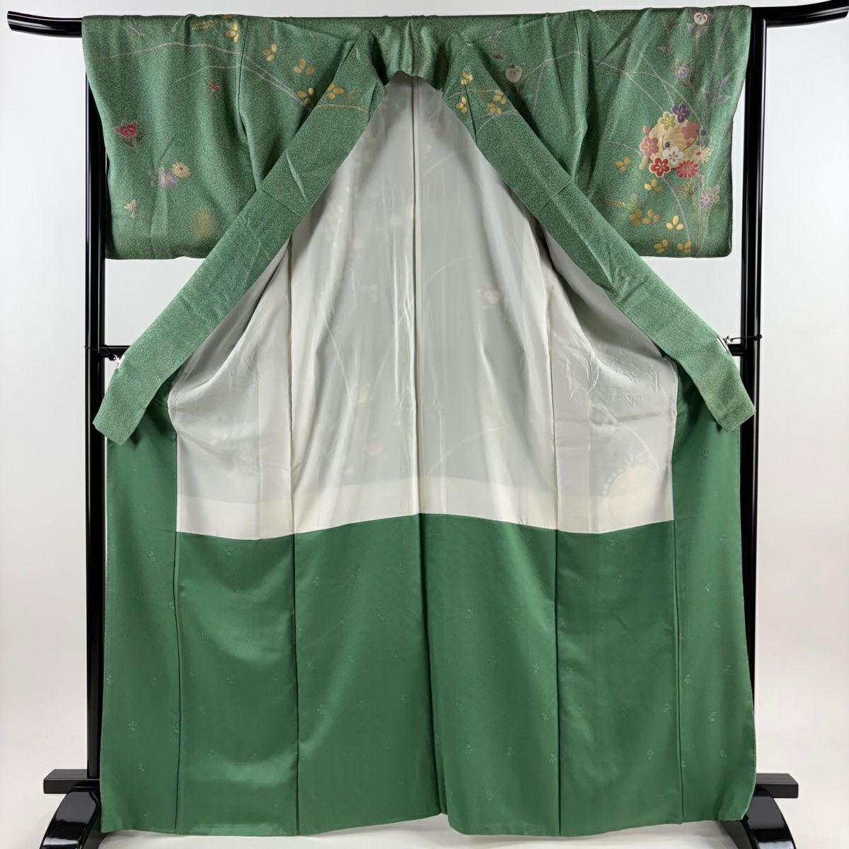 訪問服 身長165cm 袖長65.5cm M 雙層 花丸紋 光悅垣 金銀彩 淺綠 純蠶絲 優品級