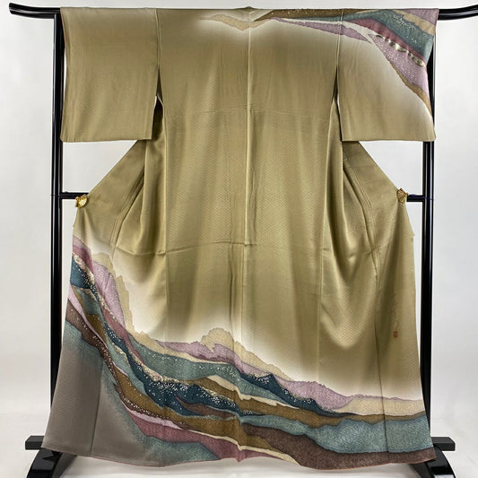 訪問服 身長162.5cm 袖長65.5cm M 雙層 落款 波 金銀彩 漸層 淺茶 純蠶絲 優品級 一つ紋