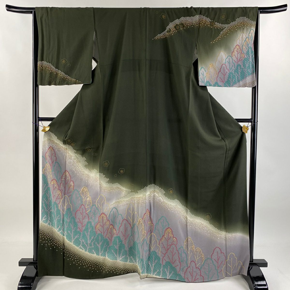 訪問服 身長167cm 袖長66.5cm M 雙層 樹木 梅花 金銀彩 絞染 茶綠 純蠶絲 秀品級