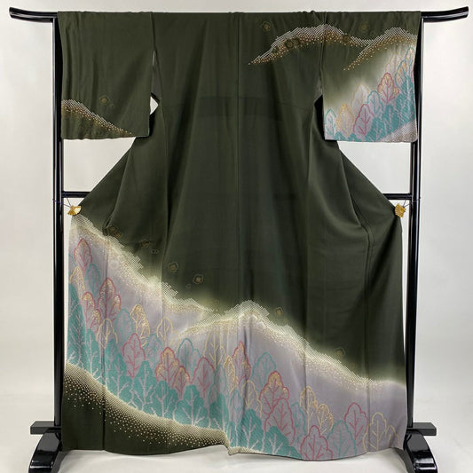 訪問服 身長167cm 袖長66.5cm M 雙層 樹木 梅花 金銀彩 絞染 茶綠 純蠶絲 秀品級