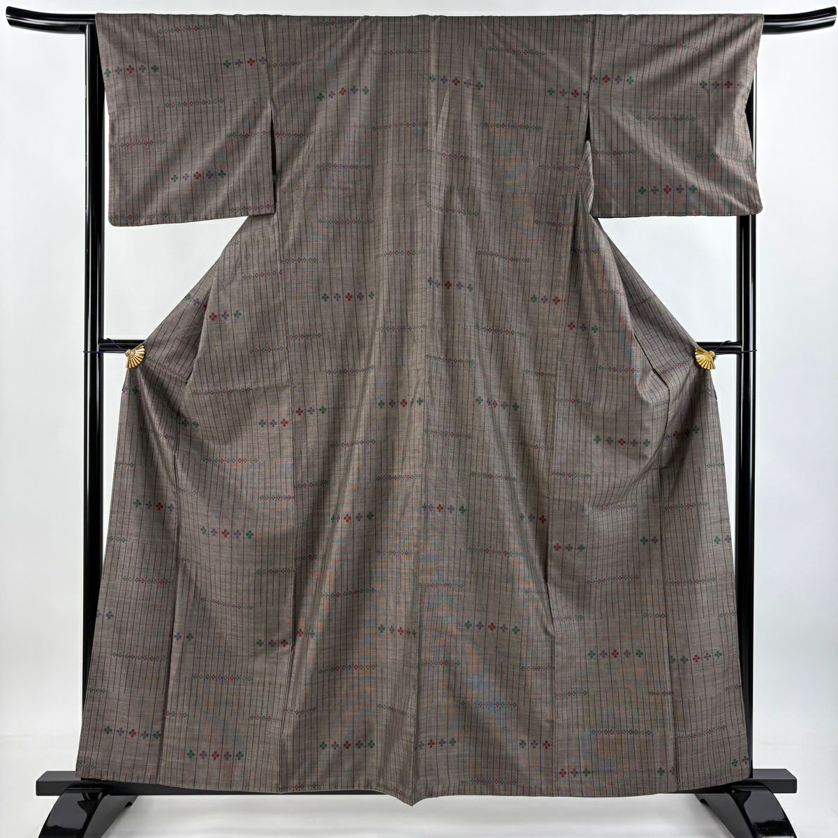 紬織 身長159.5cm 袖長65.5cm M 雙層 花 縱條 焦茶 純蠶絲 秀品級