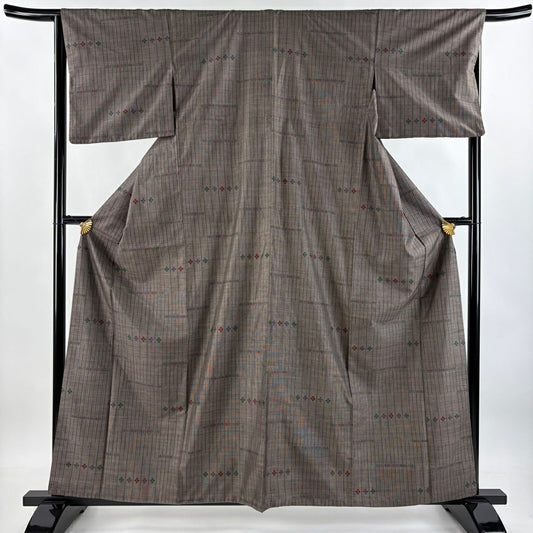 紬織 身長159.5cm 袖長65.5cm M 雙層 花 縱條 焦茶 純蠶絲 秀品級