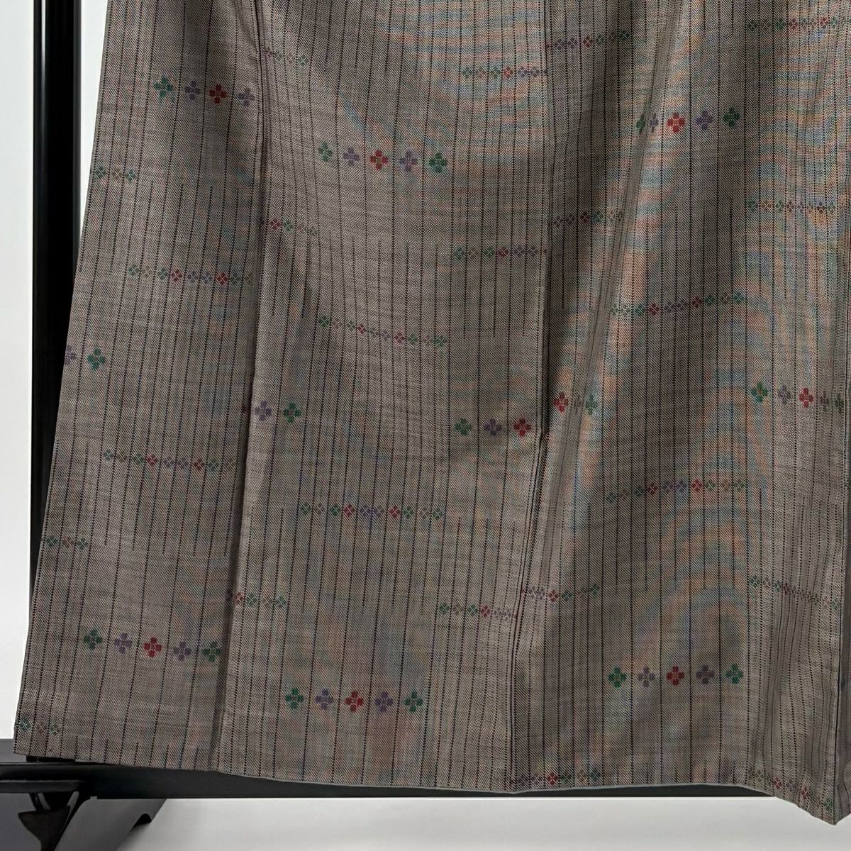 紬織 身長159.5cm 袖長65.5cm M 雙層 花 縱條 焦茶 純蠶絲 秀品級