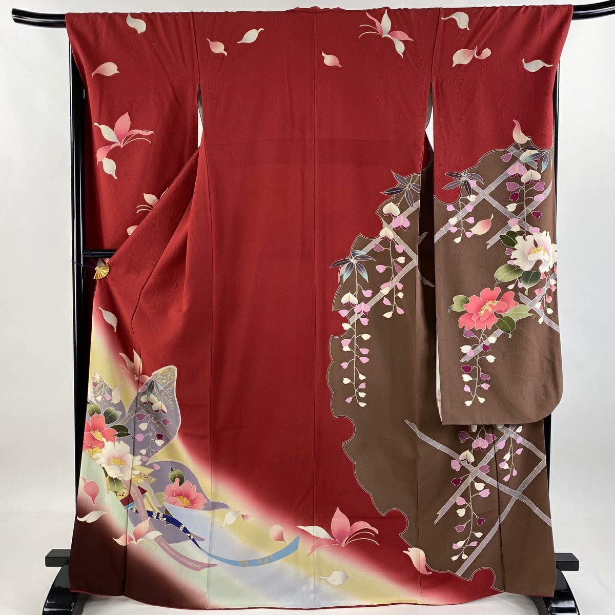 振袖禮服 身長168cm 袖長69cm L 雙層 草花紋紋 蔓帶 金銀彩 漸層 紅 純蠶絲 名品級