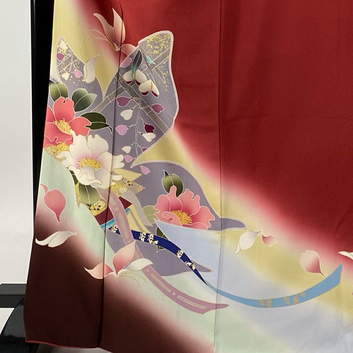 振袖禮服 身長168cm 袖長69cm L 雙層 草花紋紋 蔓帶 金銀彩 漸層 紅 純蠶絲 名品級