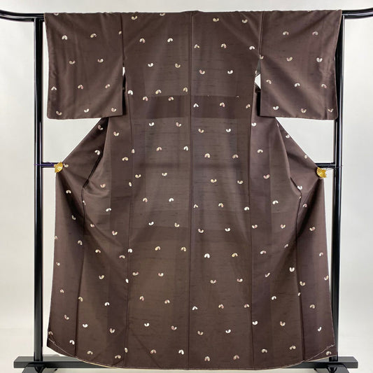 【美品】 小紋 身長159cm 袖長63.5cm S 雙層 紬織織 幾何學圖案 焦茶 純蠶絲 名品級