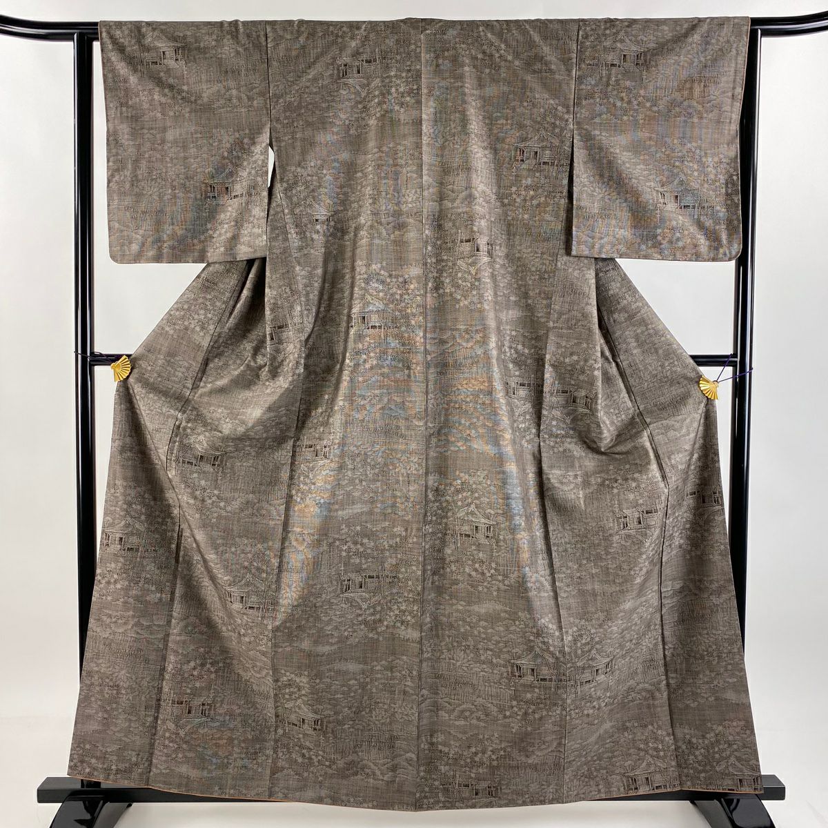 【美品】 大島紬織 身長161cm 袖長63cm S 雙層 純泥染 證書附帶 建築 樹木 焦茶 純蠶絲 名品級