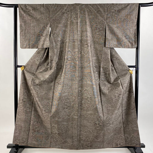【美品】 大島紬織 身長161cm 袖長63cm S 雙層 純泥染 證書附帶 建築 樹木 焦茶 純蠶絲 名品級